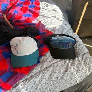 Two Graphic Trucker Hats - Teal Hummingbird & Black Mountain Scene